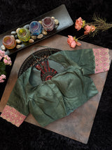 Green Tussar Silk Hand Painted
