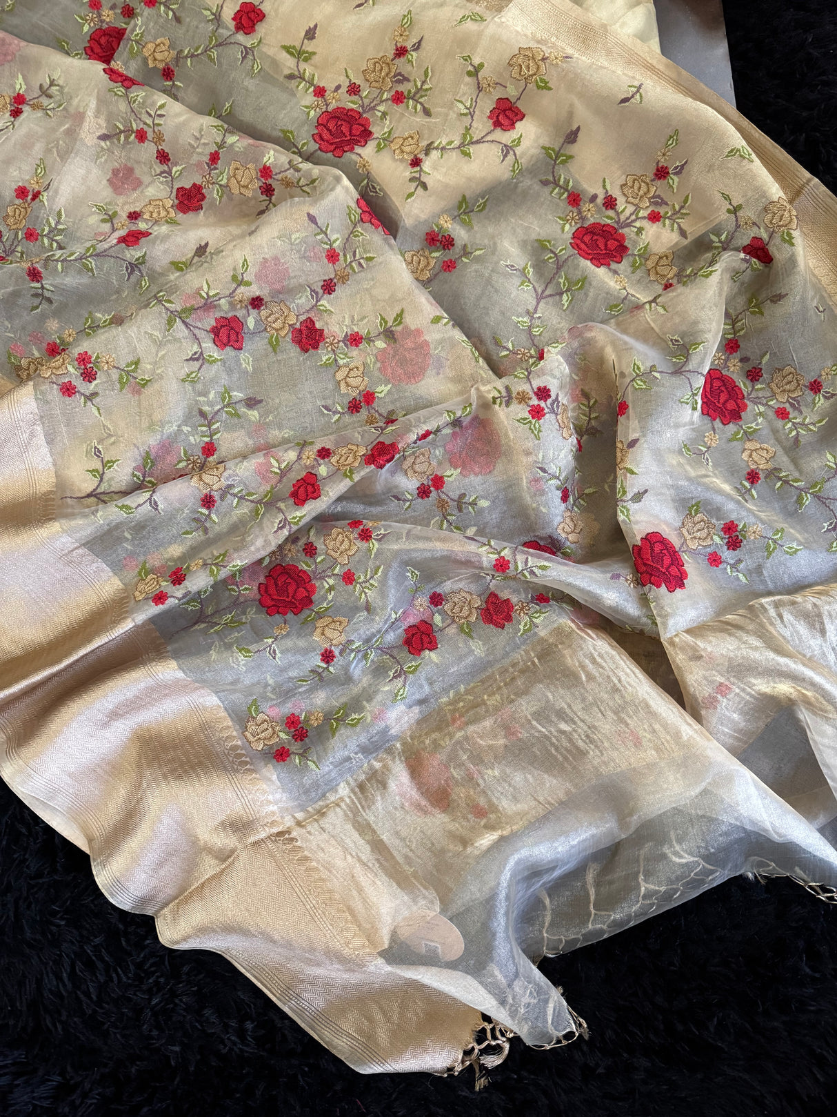 Beige Embroidered Banaras Kora
