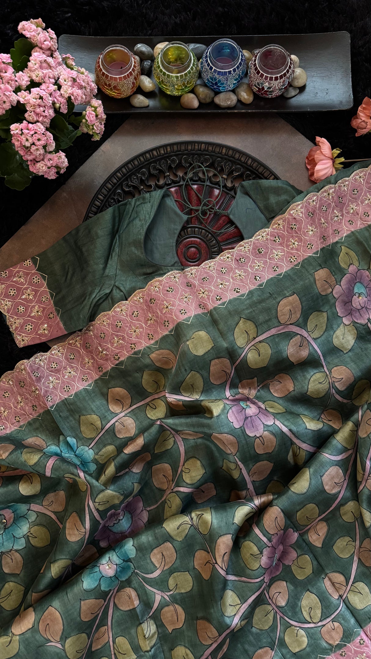 Green Tussar Silk Hand Painted