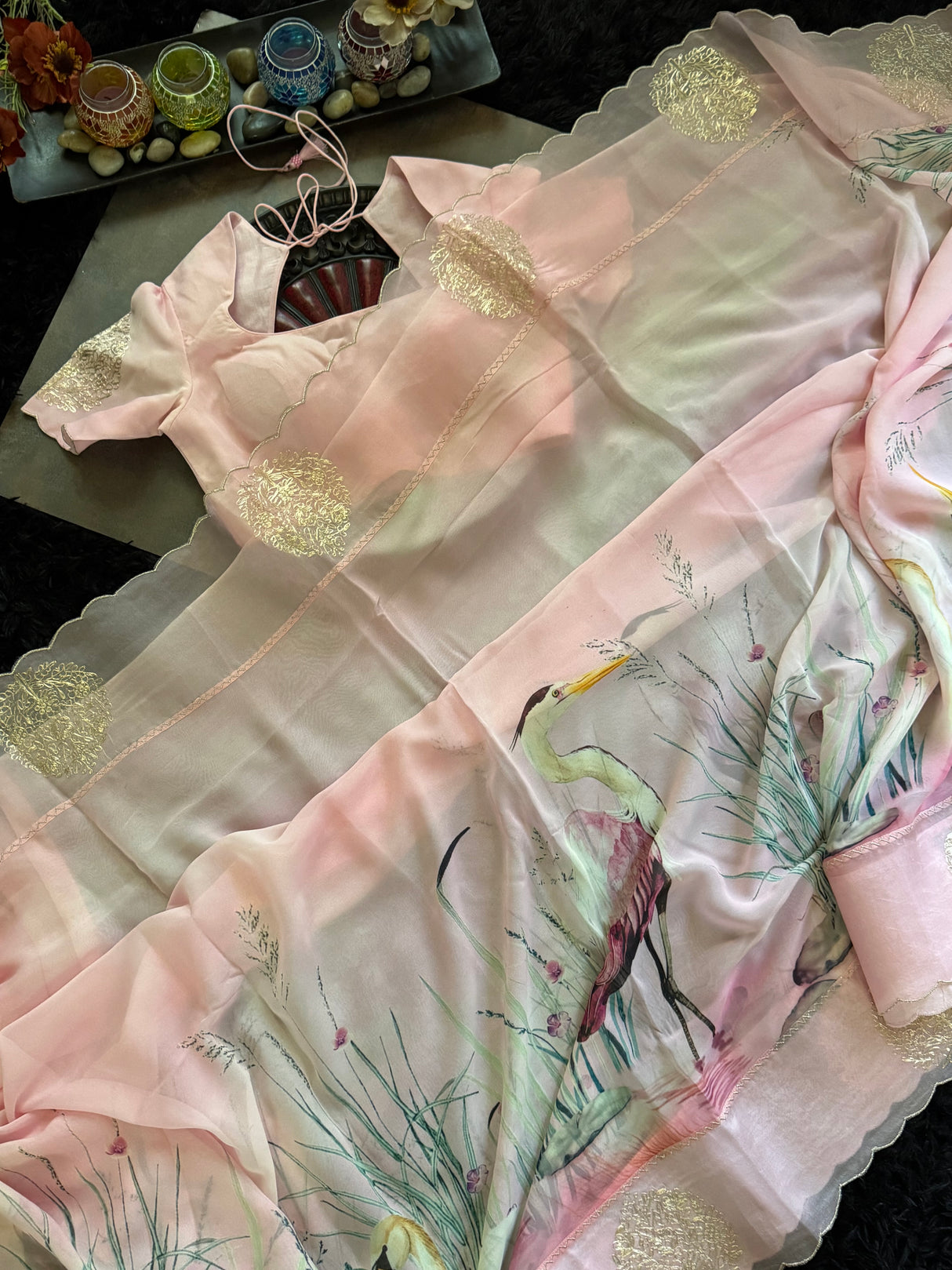 Baby Pink Georgette With Organza Border