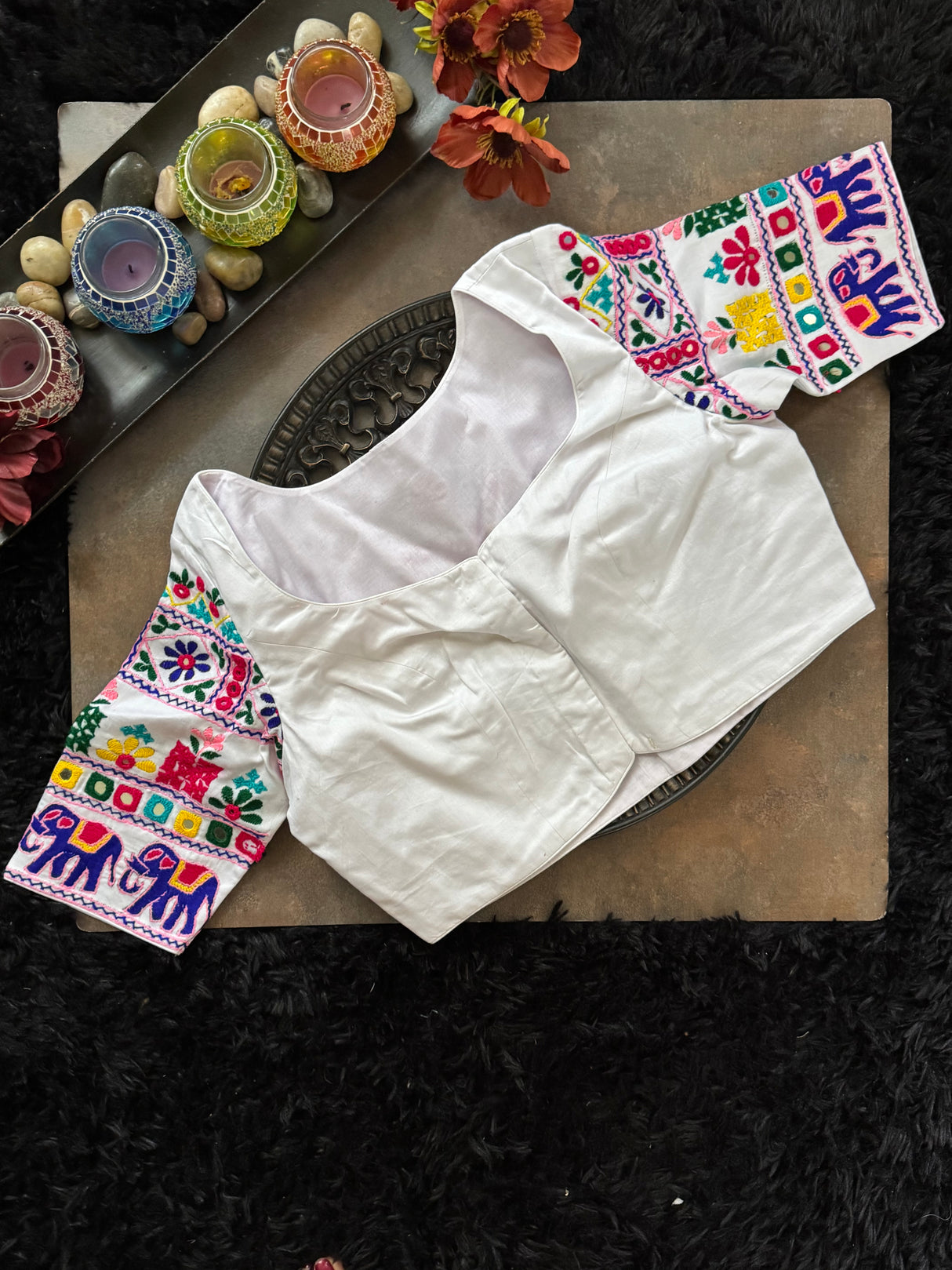 White Hand Embroidered Blouse 38 Elephant design