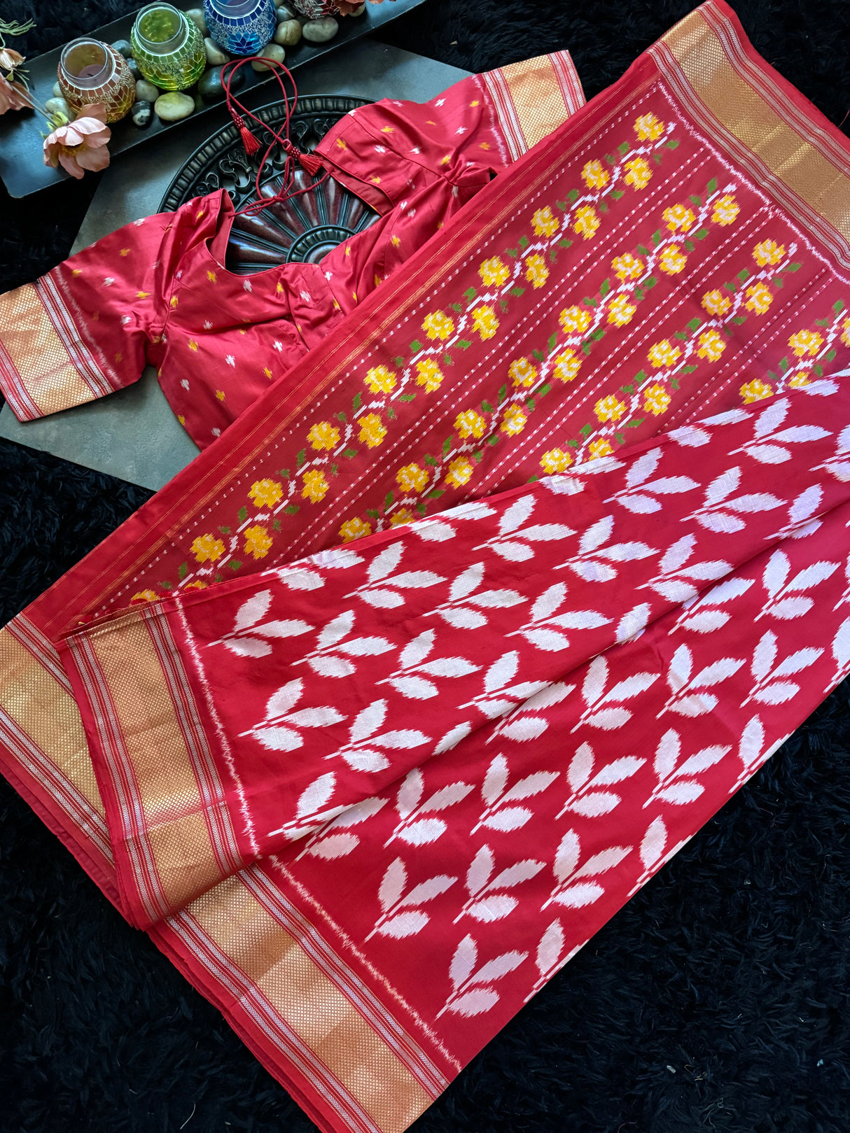 Red Leaf Ikkat Pure Silk Handloom