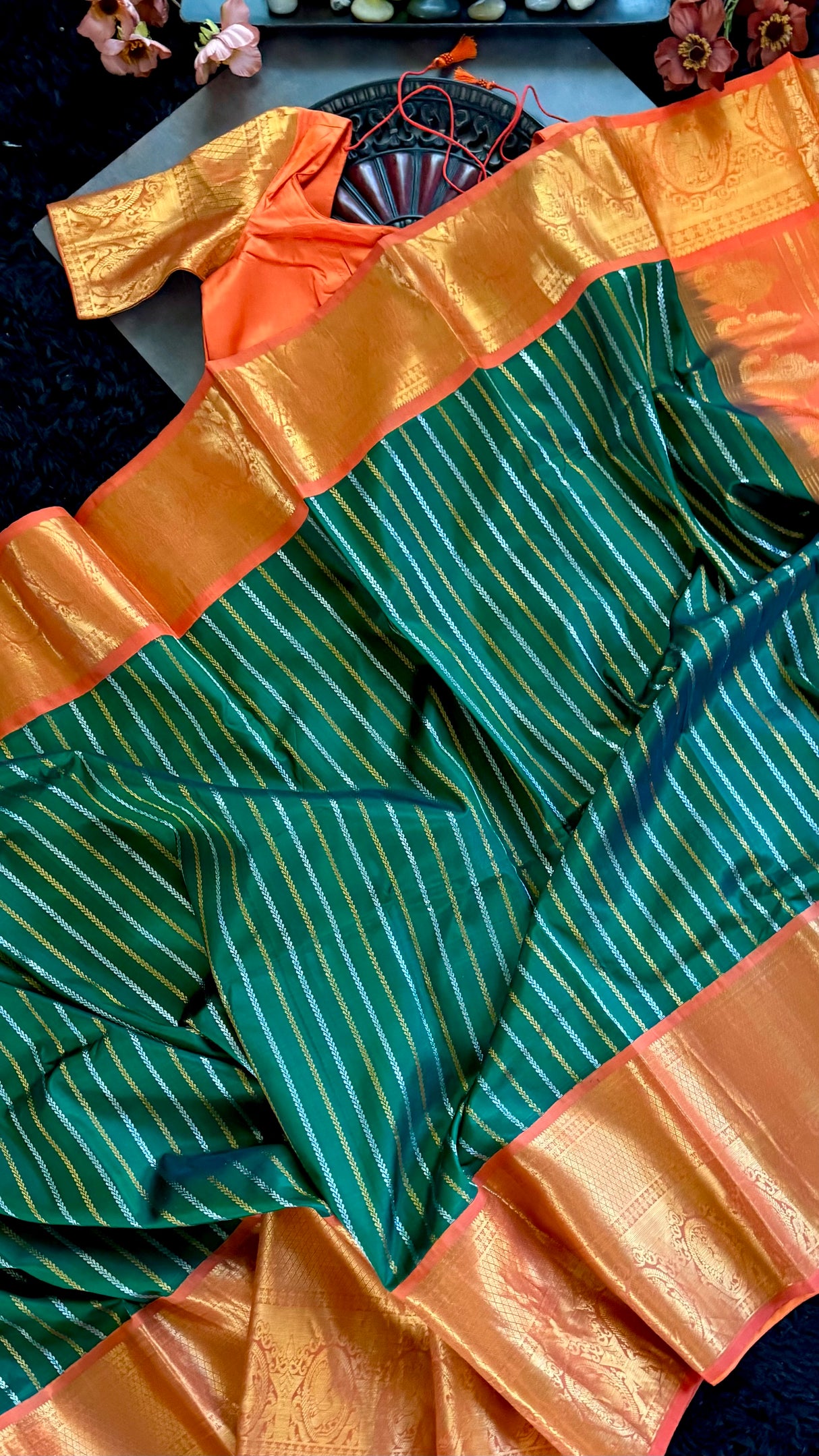 Green Stripes Orange Gadwal Handloom Pure Silk