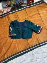 Mustard Yellow Peacock Green Nath Embroidered Khun Saree Set