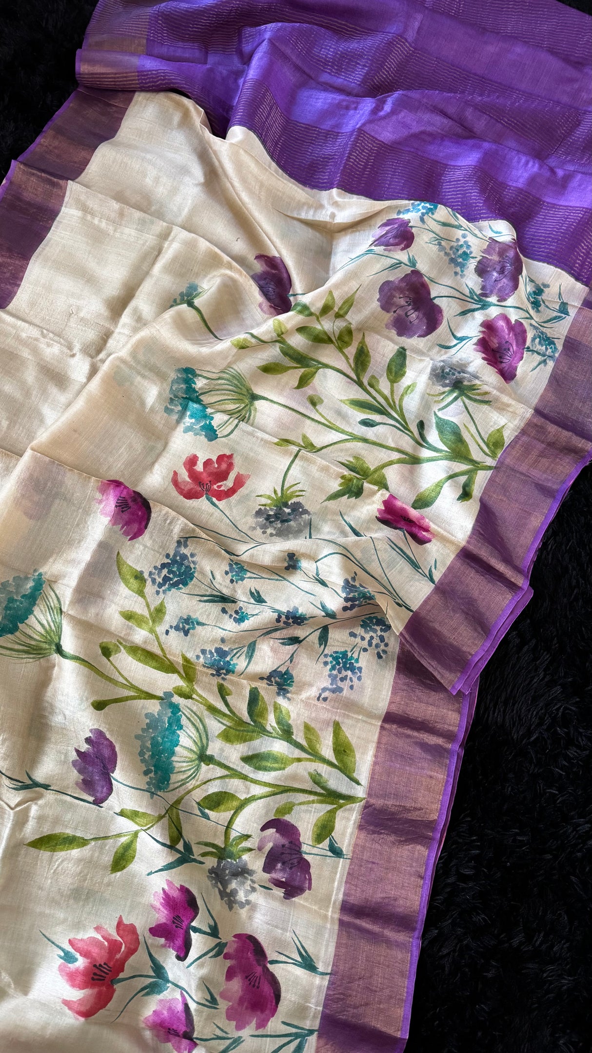 Purple Hand Painted Tussar Silk