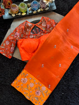 Rust Orange Organza With Embroidered border and Embroidered Blouse