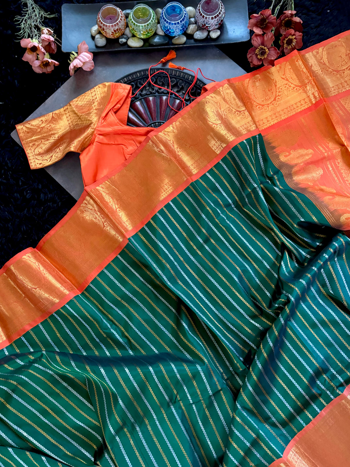Green Stripes Orange Gadwal Handloom Pure Silk