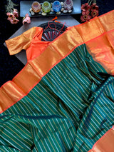 Green Stripes Orange Gadwal Handloom Pure Silk