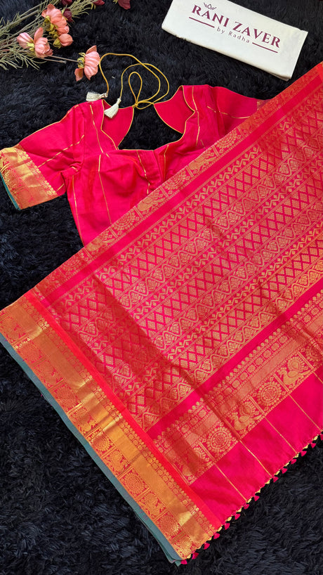 Red Pink mix Palam Pazhamum Silk Cotton Kanchipuram