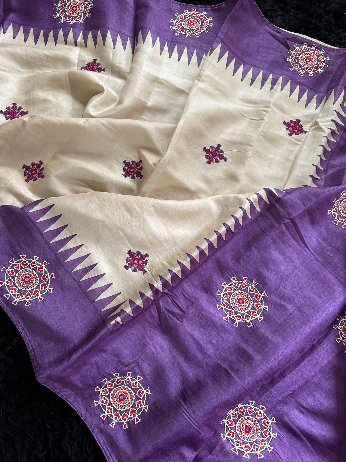 White Purple Kutch Work Tussar Silk