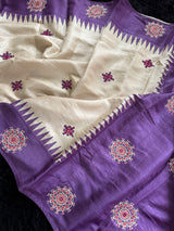 White Purple Kutch Work Tussar Silk
