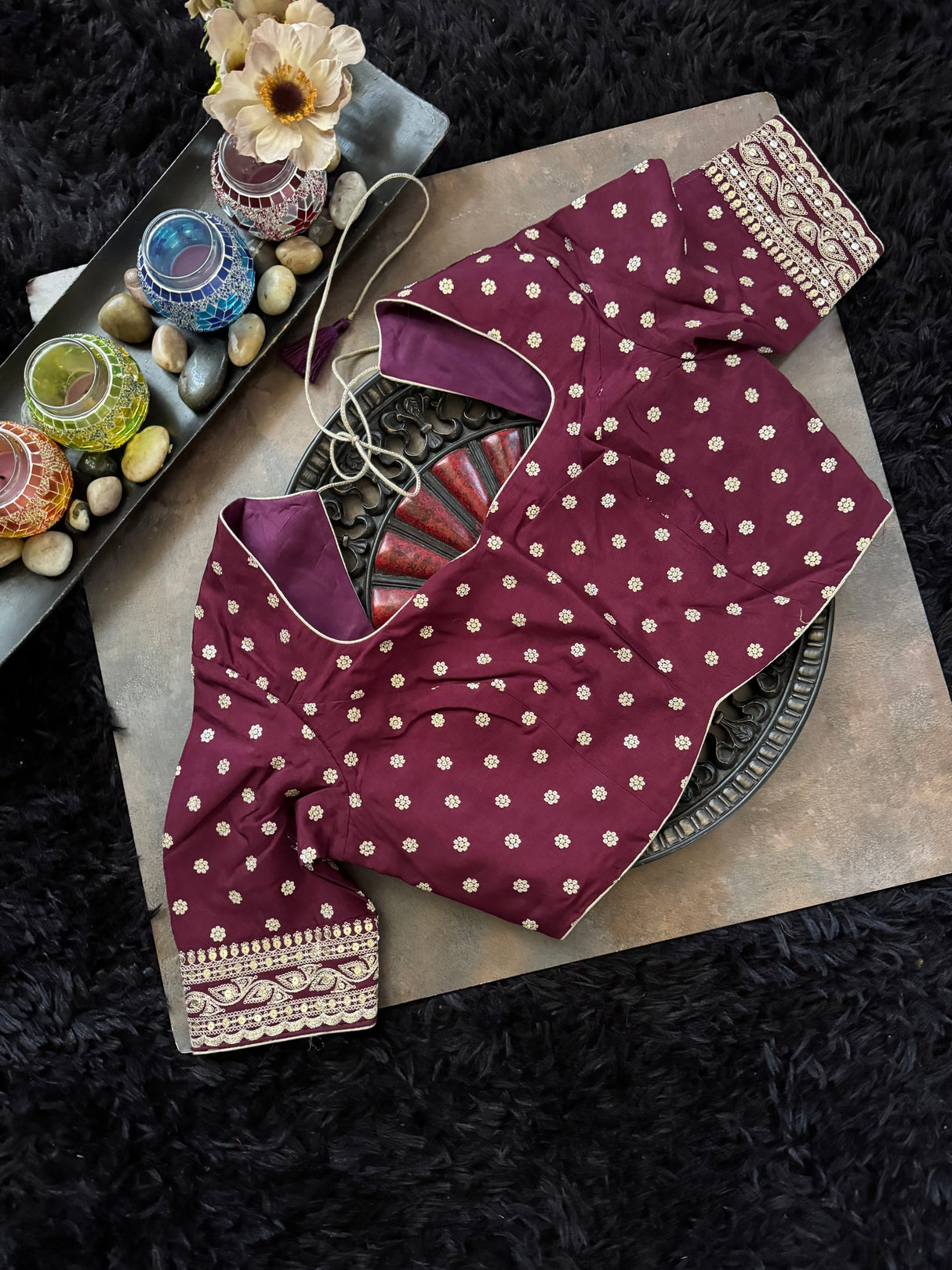 Tissue Kora With Sabyasachi Borders and Wine Designer Blouse