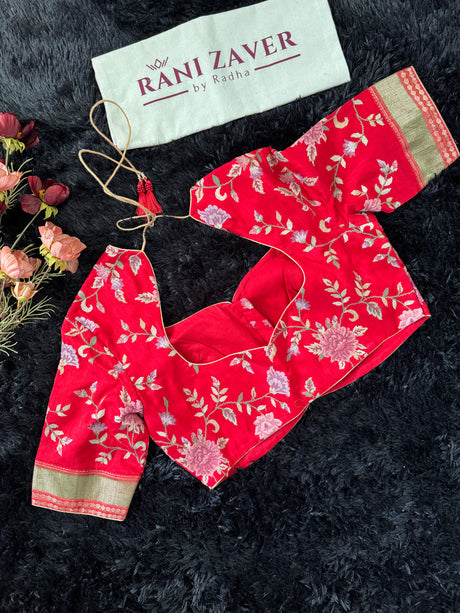 Red Cross Stitch Floral Embroidered Blouse 38