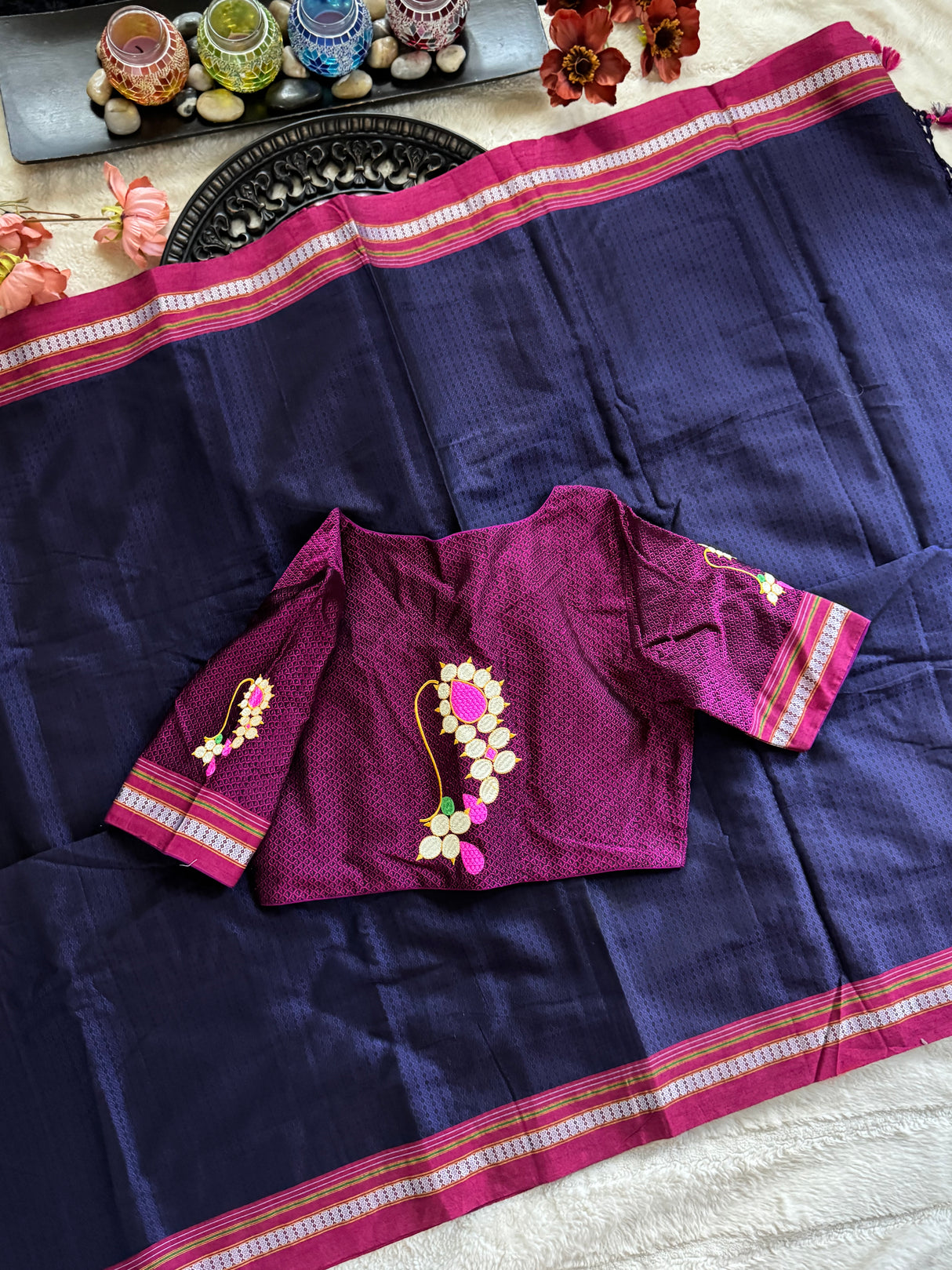 Purple Navy Wine Nath Embroidered Khun Saree Set