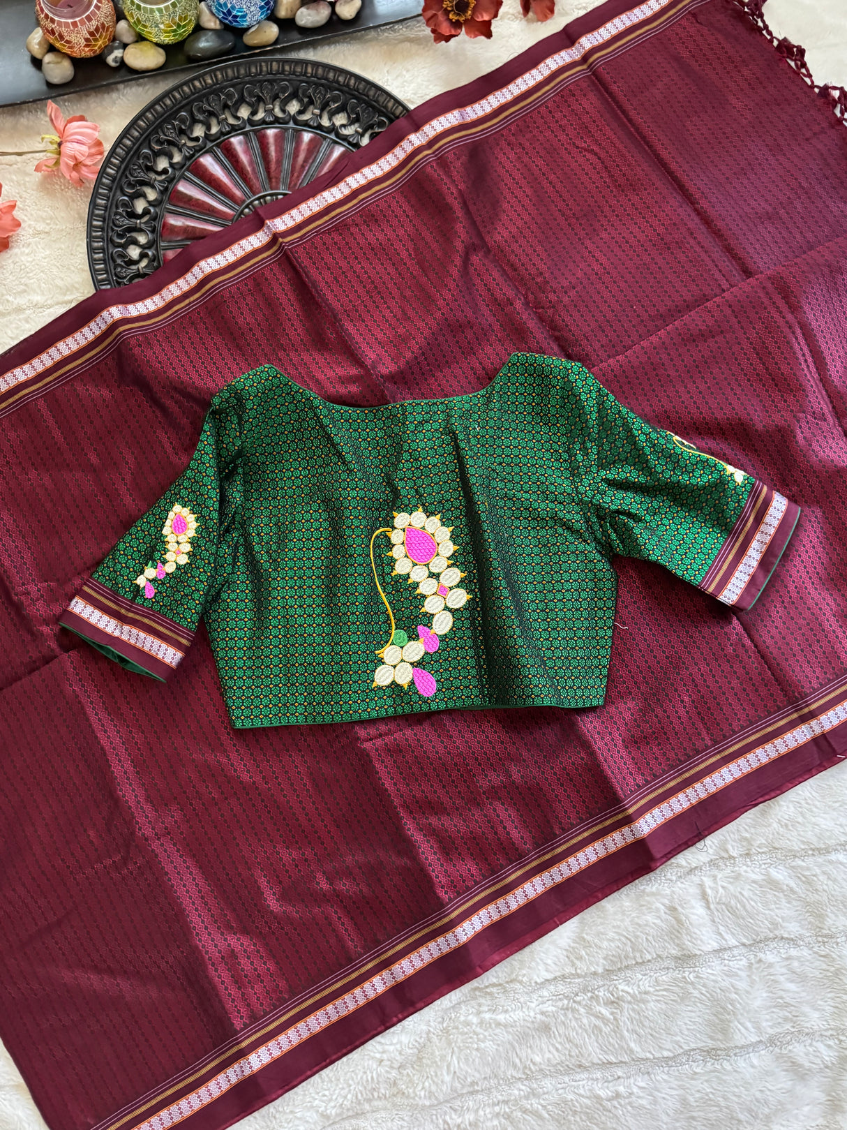 Maroon Green Nath Embroidered Khun Saree Set