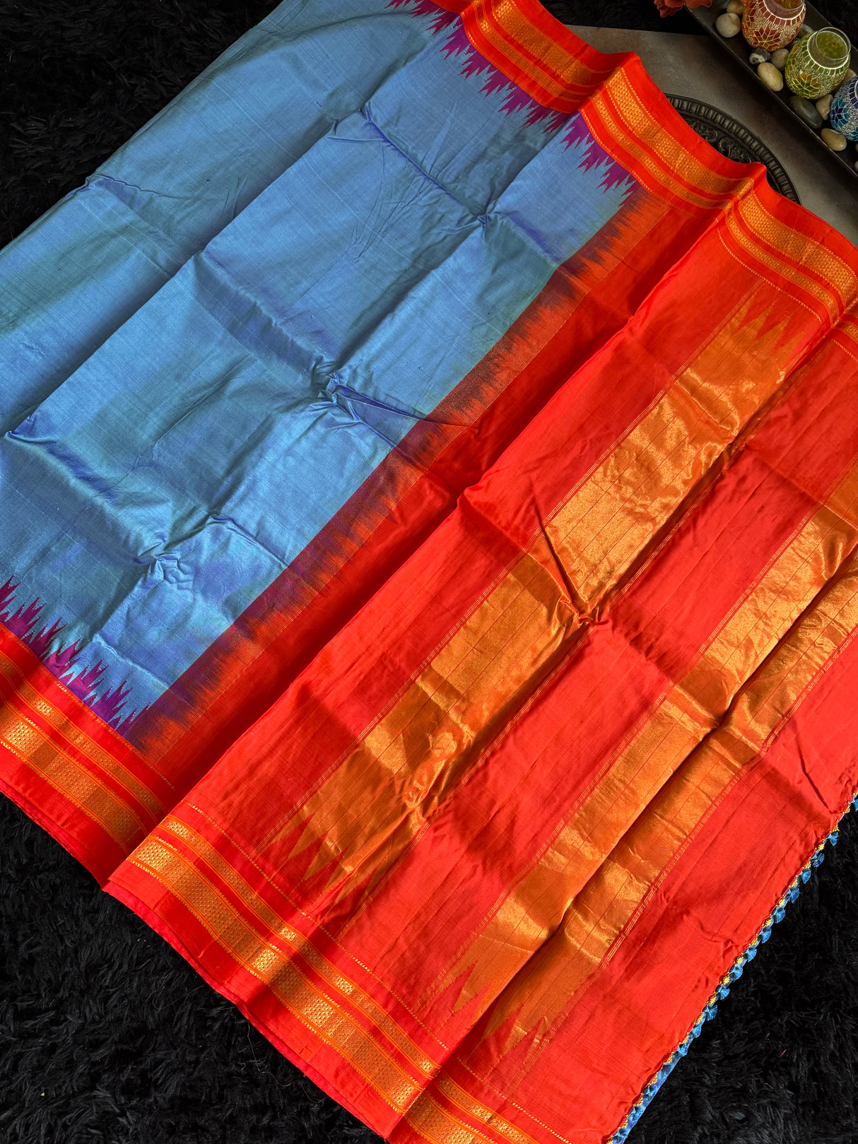 Sky Blue Chilli Red Ilkal Pure Silk