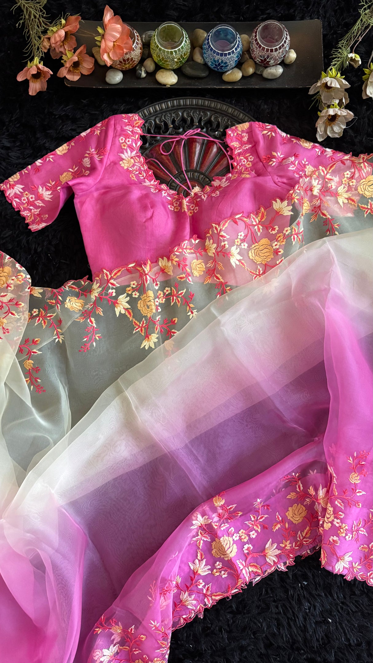 Shaded Pink Embroidered Organza
