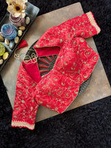 Red Organza abd Tissue Stripes With embroidered Blouse
