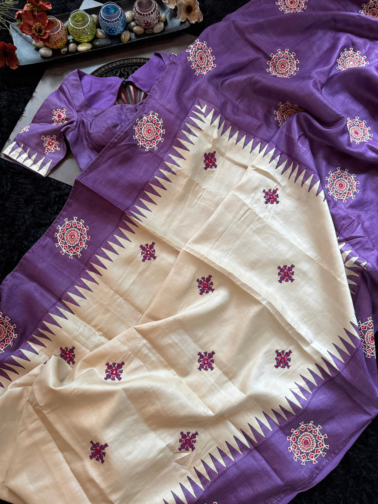 White Purple Kutch Work Tussar Silk