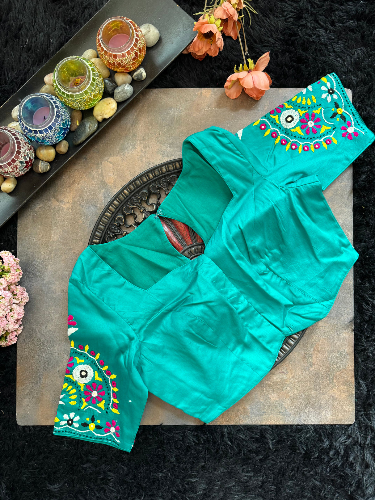 Turquoise Hand Embroidered Blouse 38