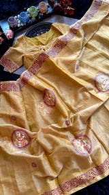 Mustard Gold Tissue saree Patachitra Painting