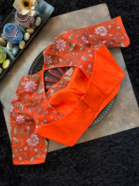 Rust Orange Organza With Embroidered border and Embroidered Blouse