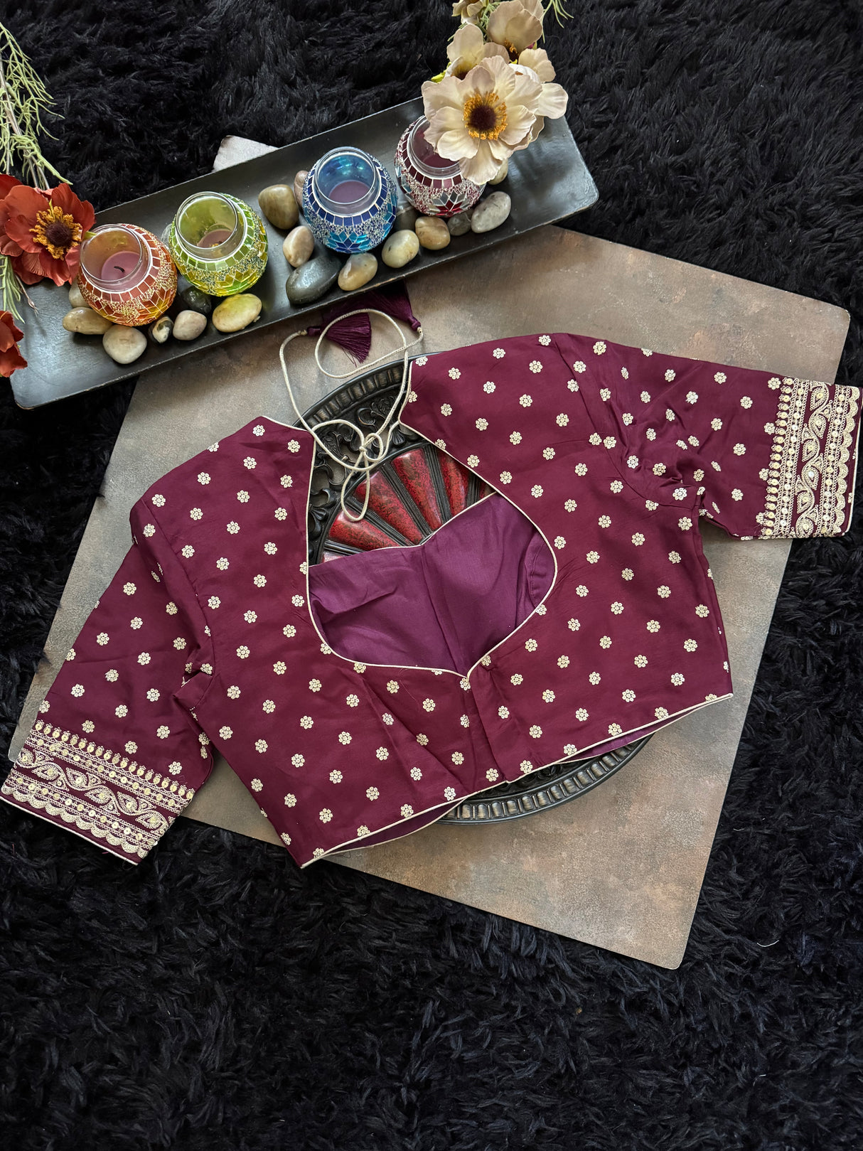 Tissue Kora With Sabyasachi Borders and Wine Designer Blouse