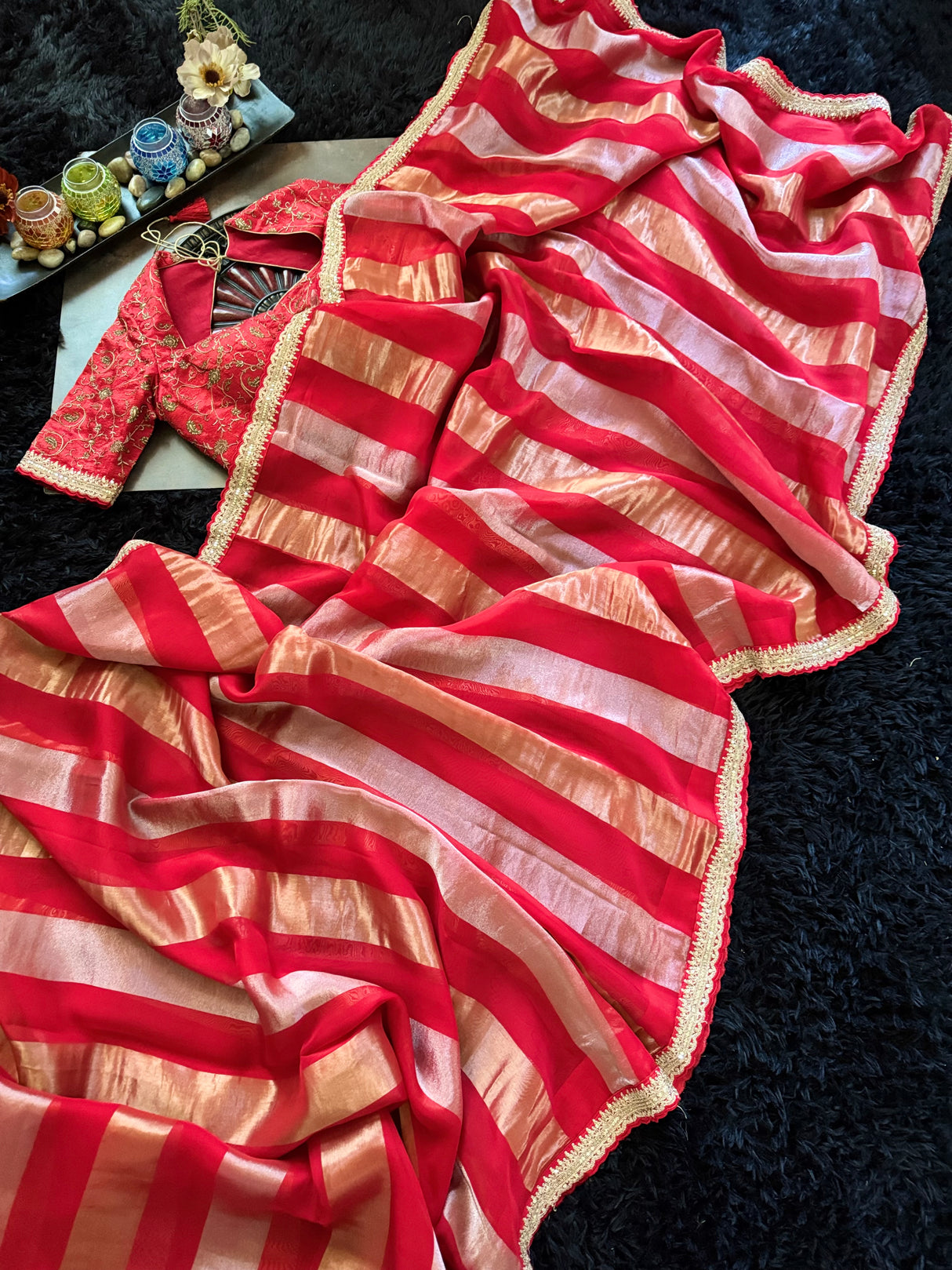 Red Organza abd Tissue Stripes With embroidered Blouse