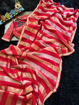 Red Organza abd Tissue Stripes With embroidered Blouse