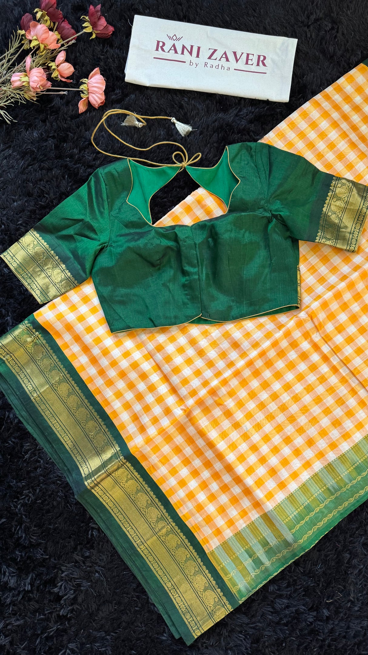 Yellow Checks Green Combo Silk Cotton Kanchipuram