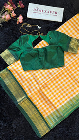 Yellow Checks Green Combo Silk Cotton Kanchipuram