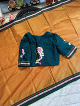 Mustard Yellow Peacock Green Nath Embroidered Khun Saree Set