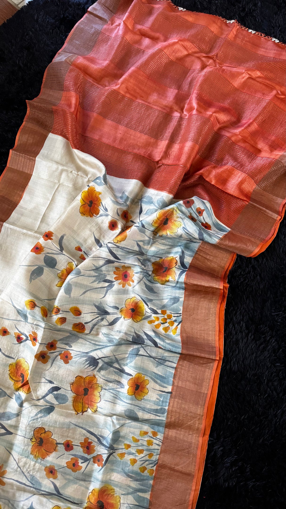 Rust Orange Hand Painted Tussar Silk