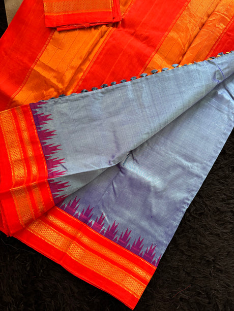 Sky Blue Chilli Red Ilkal Pure Silk