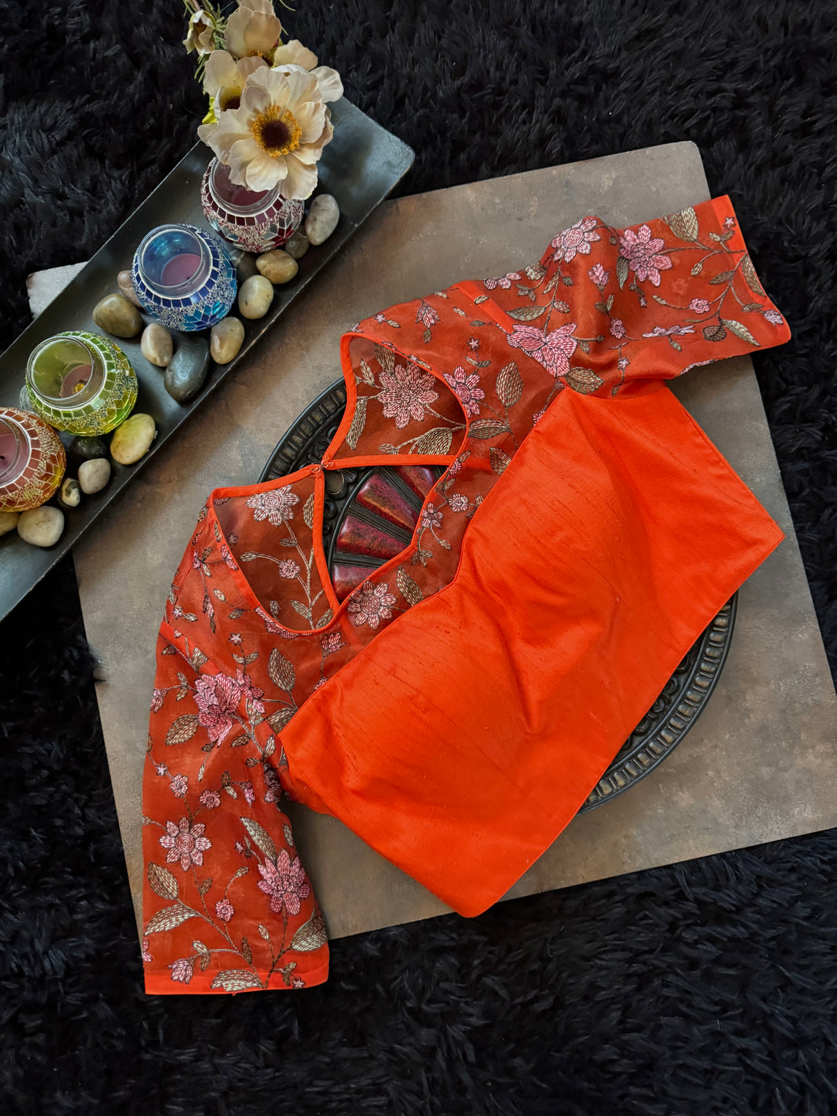 Rust Orange Organza With Embroidered border and Embroidered Blouse