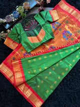 Green Red Maharani Paithani Handloom Pure Silk