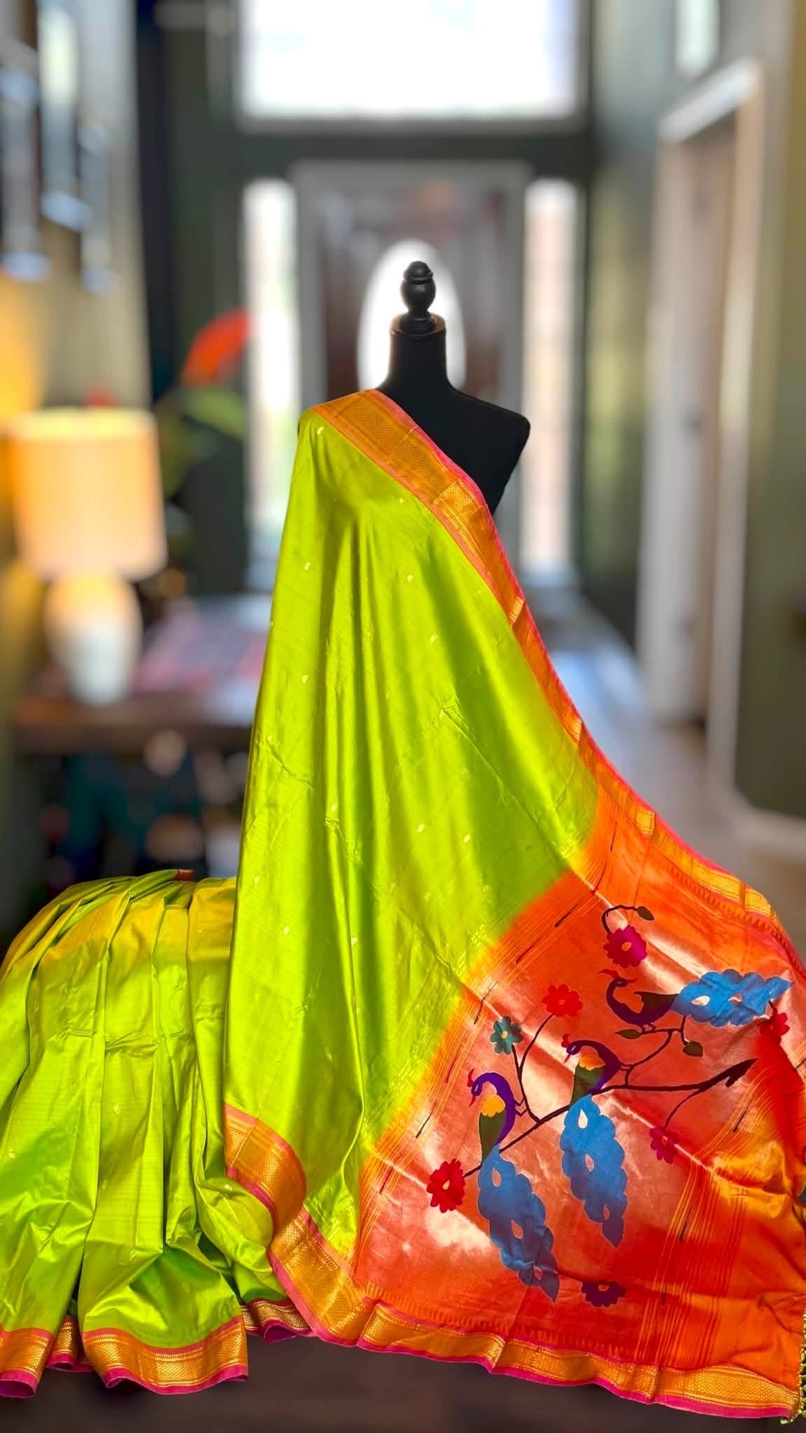 Parrot Green Yeola Paithani Narali Border Handloom Pure Silk