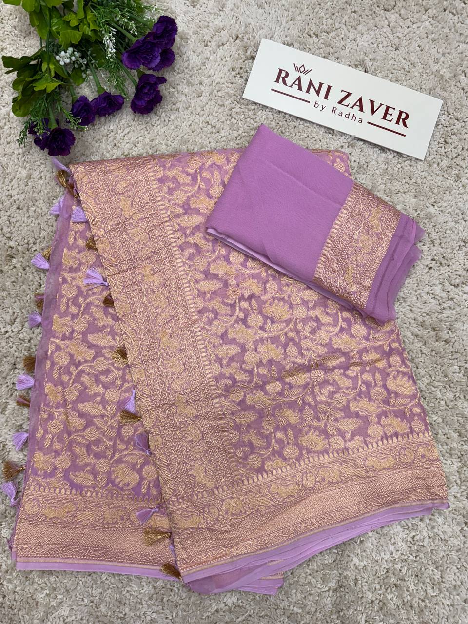 Pure Khaddi Crepe Georgette Shikargah Banarasi Handloom Saree