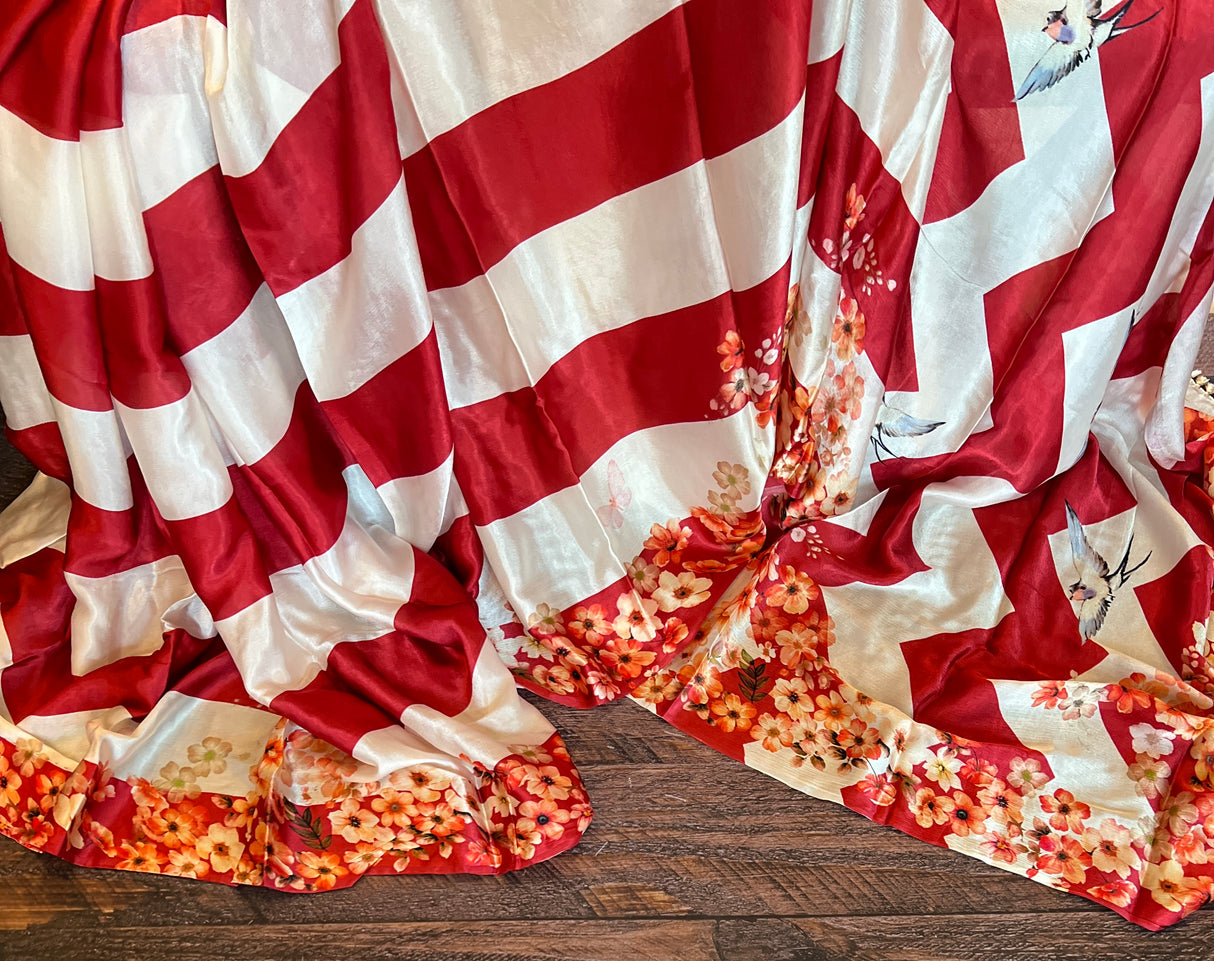 White Red Stripes Satin Chiffon Trisha Saree