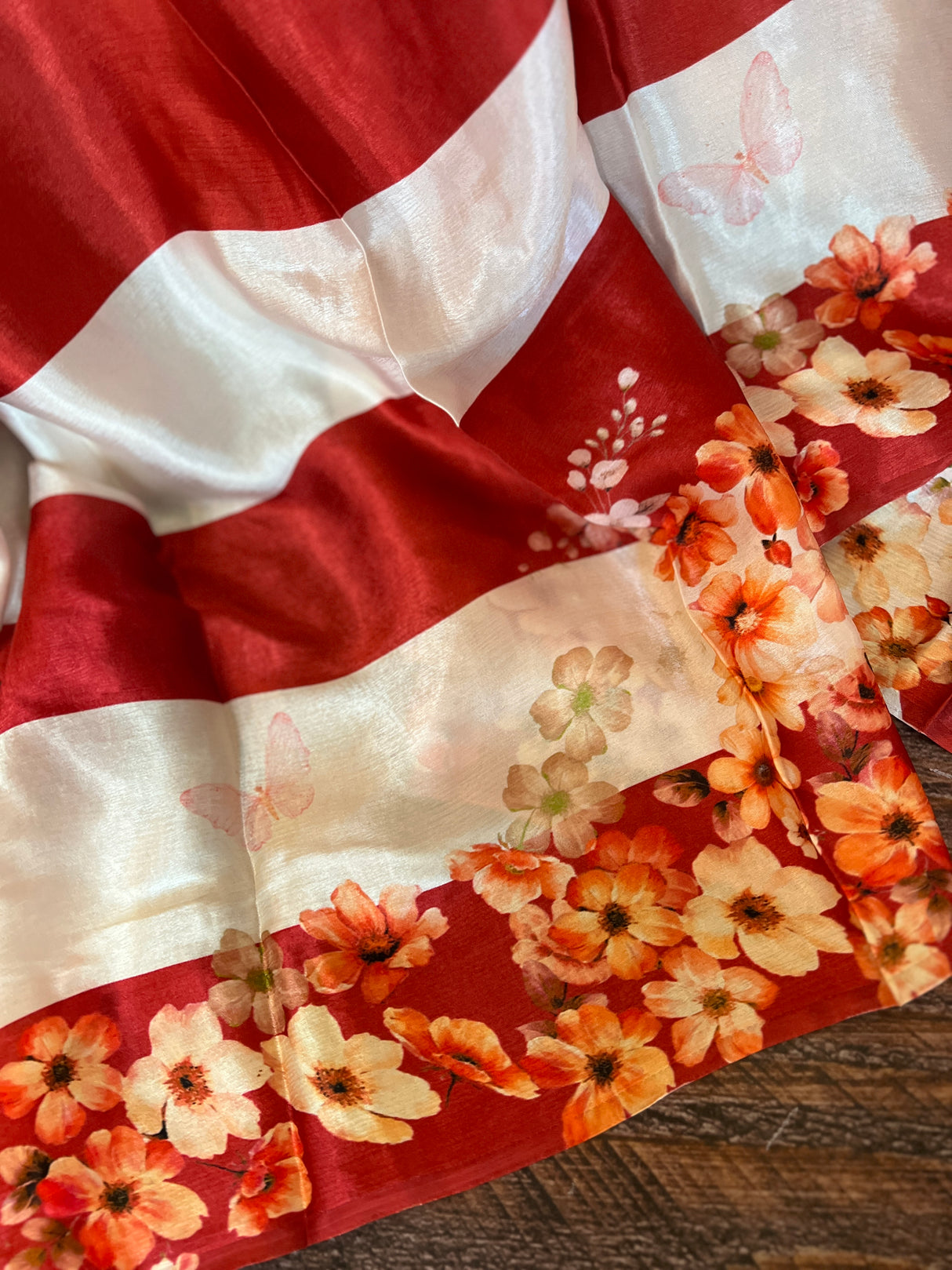 White Red Stripes Satin Chiffon Trisha Saree
