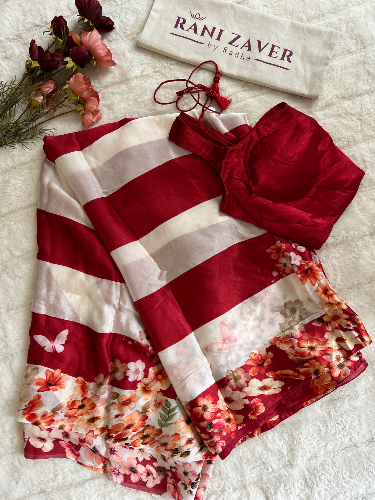 White Red Stripes Satin Chiffon Trisha Saree