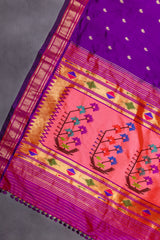 Yeola Paithani Naarali Border Handloom Pure Silk Purple Hot pink 