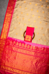 Gadwal handloom Pure Silk Off White With Hot Pink 