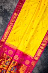 Maharani Paithani Handloom Kadiyal Pure Silk saree yellow and pink