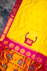 Maharani Paithani Handloom Kadiyal Pure Silk saree pink and yellow