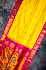 Maharani Paithani Handloom Kadiyal Pure Silk saree pink and yellow