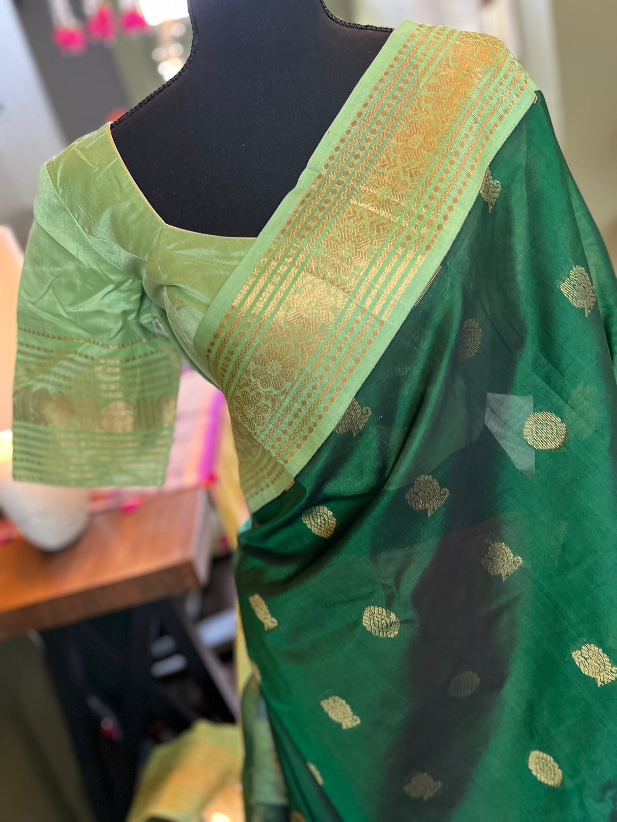 Bottle Green SECO Kanjeevaram pure Silk pure Cotton
