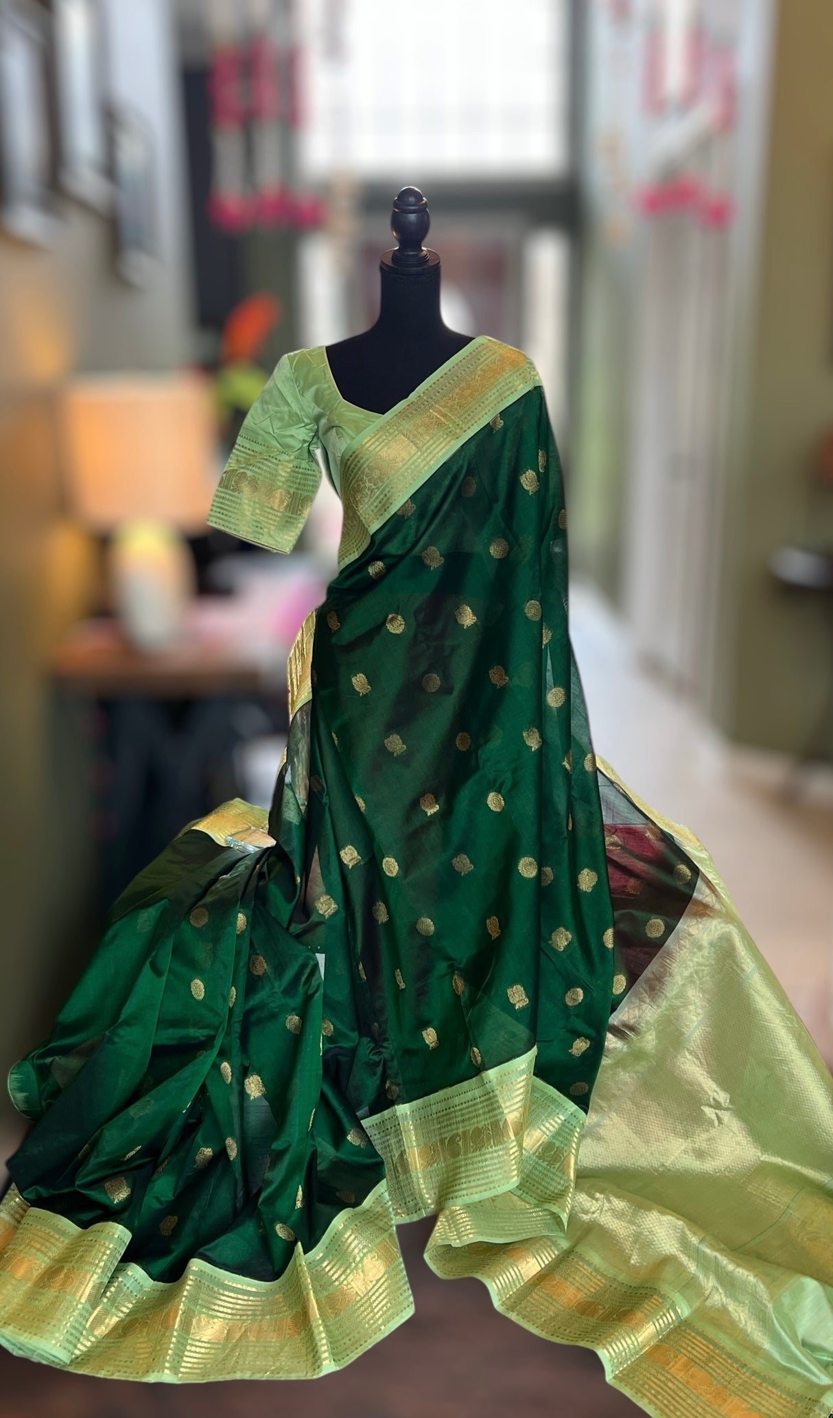 Bottle Green SECO Kanjeevaram pure Silk pure Cotton