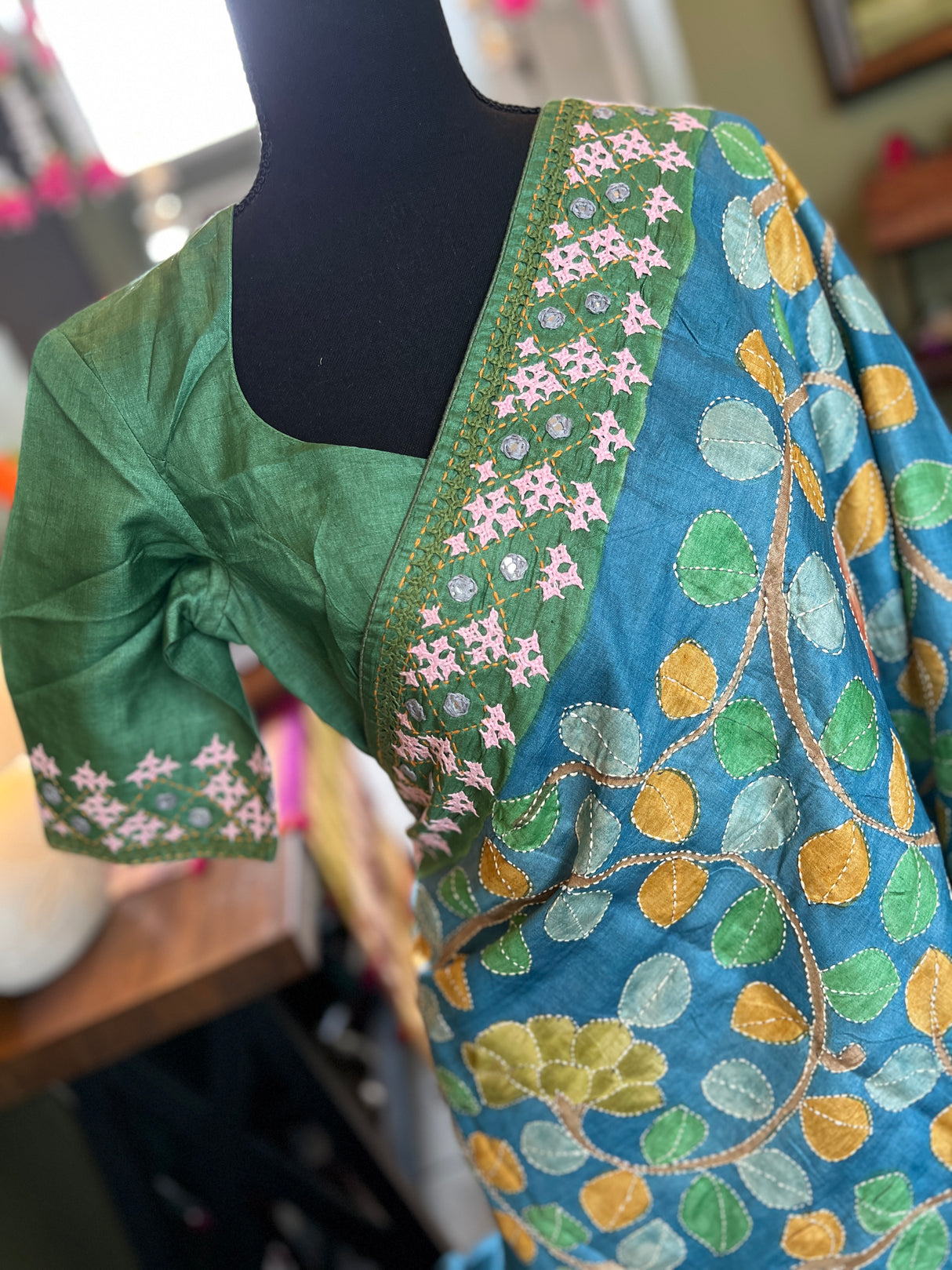 Pure Gachi Tussar Kalamkari With Kantha and Gujrathi Kutch Work