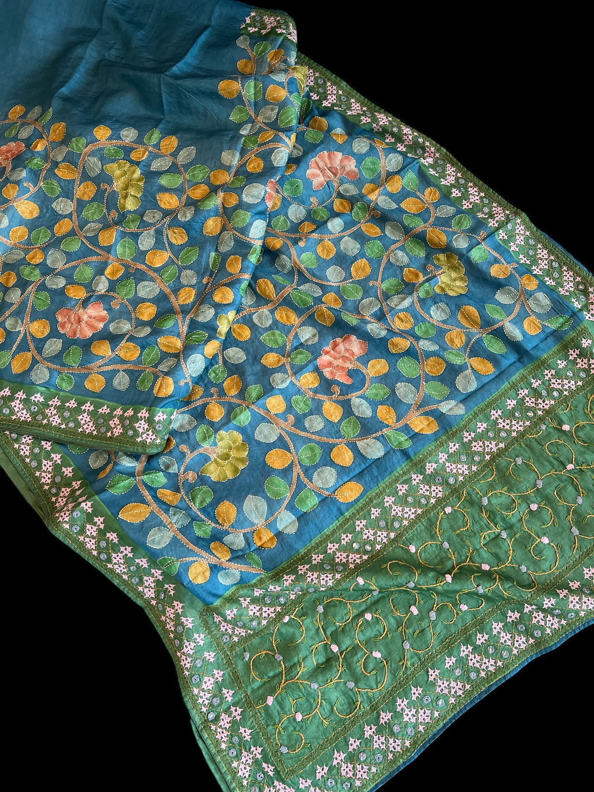 Pure Gachi Tussar Kalamkari With Kantha and Gujrathi Kutch Work